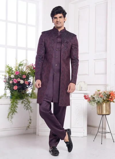 Wine Jacquard Silk Buttons Indo Western