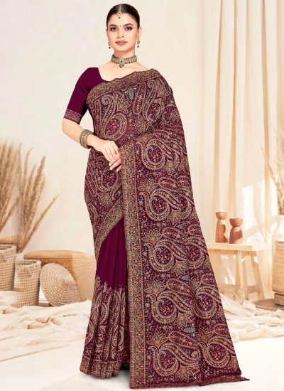 Wine Resham Georgette Contemporary Saree