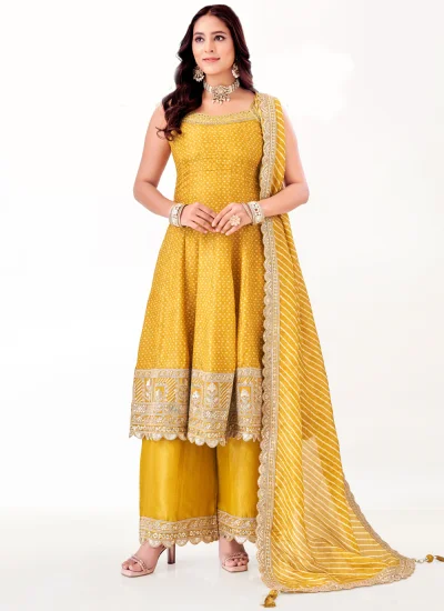 Yellow Mehndi Silk Trendy Salwar Kameez