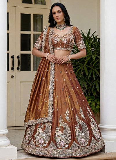 A Line Lehenga Choli Beads Tissue in Rust Colour