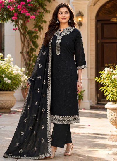 Absorbing Embroidered Black Silk Salwar Kameez