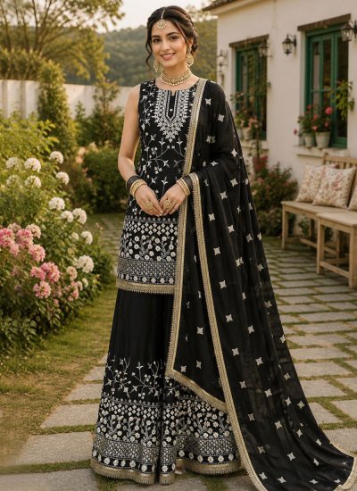 Adorable Black Thread Work Georgette Palazzo Salwar Kameez