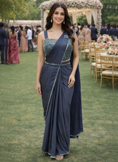 Adorable Grey Lace Satin Classic Saree