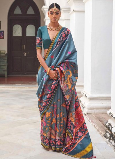 Adorable Silk Patola Print Grey Saree