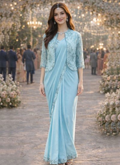 Adorning Aqua Blue Lycra Contemporary Saree