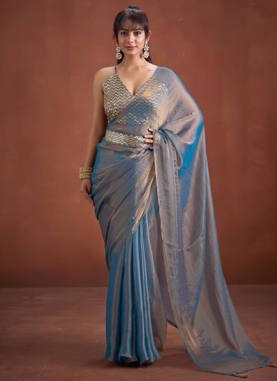 Adorning Embroidered Aqua Blue Silk Trendy Saree