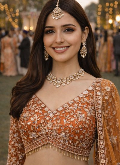 
                            Aesthetic Orange Ceremonial Readymade Lehenga Choli