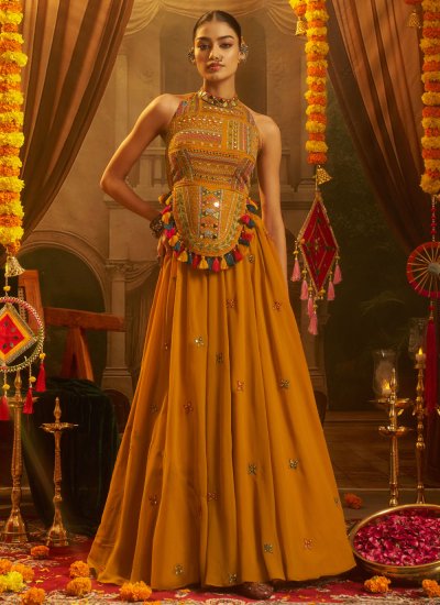 Alluring Mustard Thread Work Georgette Party Wear Kurti