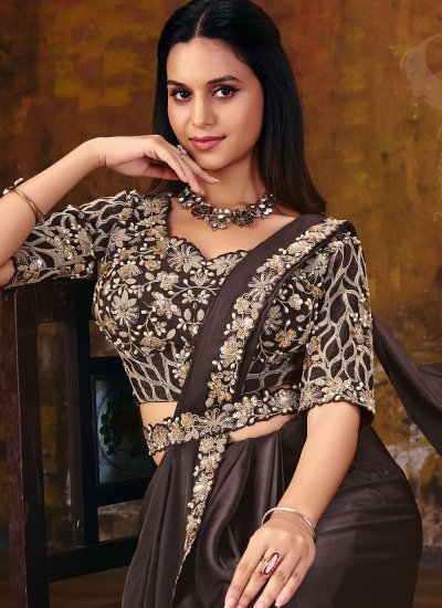 
                            Alluring Satin Silk Brown Embroidered Classic Saree