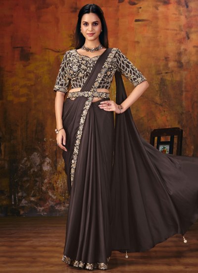 Alluring Satin Silk Brown Embroidered Classic Saree