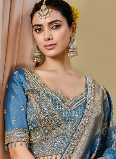 
                            Amusing Tissue Embroidered Blue Contemporary Saree