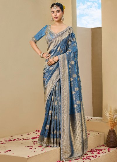 Amusing Tissue Embroidered Blue Contemporary Saree