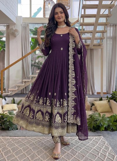 Anarkali Salwar Kameez Zari Crunchy in Purple Colour