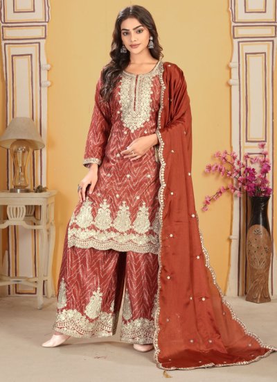 Angelic Chinon Embroidered Rust Salwar Suit
