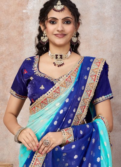 
                            Aqua Blue and Blue Chanderi Classic Saree