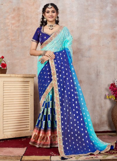 Aqua Blue and Blue Chanderi Classic Saree