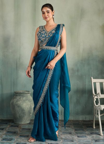 Aqua Blue Beads Ceremonial Contemporary Saree
