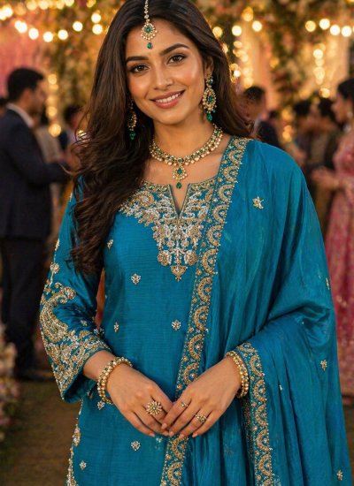 
                            Aqua Blue Embroidered Chinon Palazzo Salwar Kameez