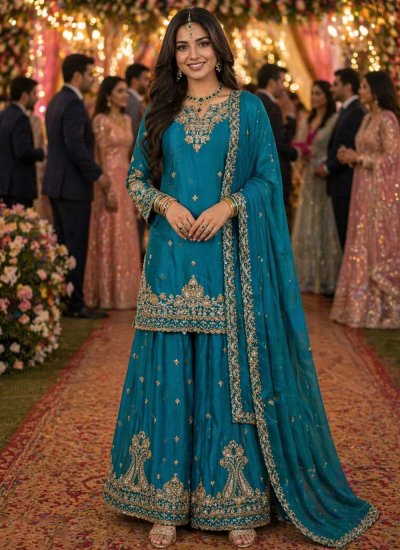 Aqua Blue Embroidered Chinon Palazzo Salwar Kameez