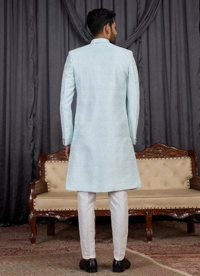 
                            Aqua Blue Festival Jacquard Indo Western Sherwani