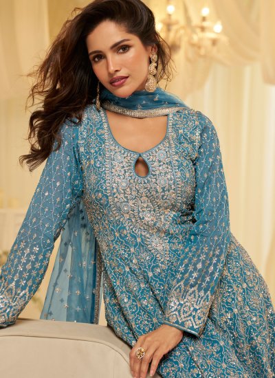 
                            Aqua Blue Georgette Palazzo Salwar Kameez