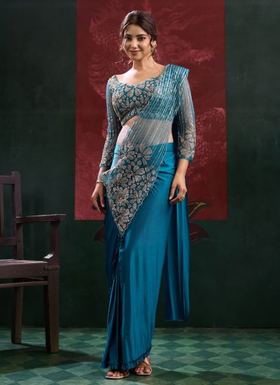 Aqua Blue Lycra Beads Contemporary Saree