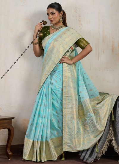 
                            Aqua Blue Meenakari Classic Saree