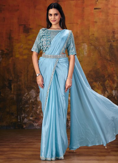 Aqua Blue Satin Silk Classic Saree