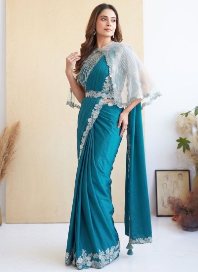
                            Aqua Blue Sequins Satin Silk Classic Saree