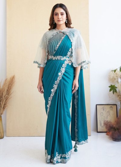 Aqua Blue Sequins Satin Silk Classic Saree