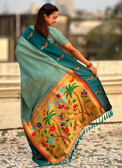 
                            Aqua Blue Silk Contemporary Saree