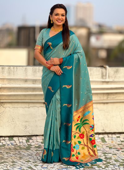 Aqua Blue Silk Contemporary Saree