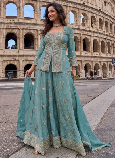 
                            Aqua Blue Silk Engagement Salwar Kameez