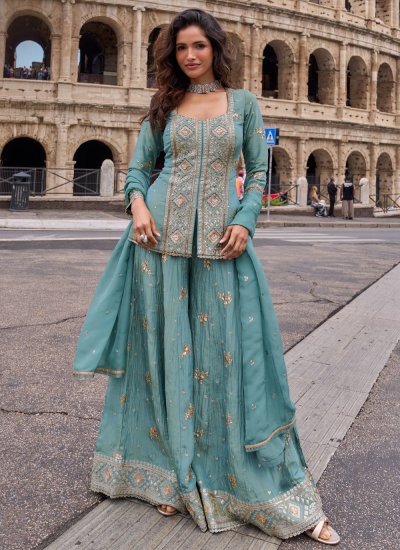 Aqua Blue Silk Engagement Salwar Kameez