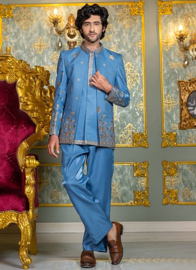 Aqua Blue Tissue Jodhpuri Suit
