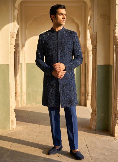 Armani Embroidered Indo Western in Navy Blue Colour