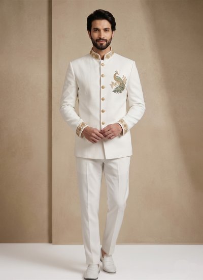 Armani Handwork Jodhpuri Suit in White Colour