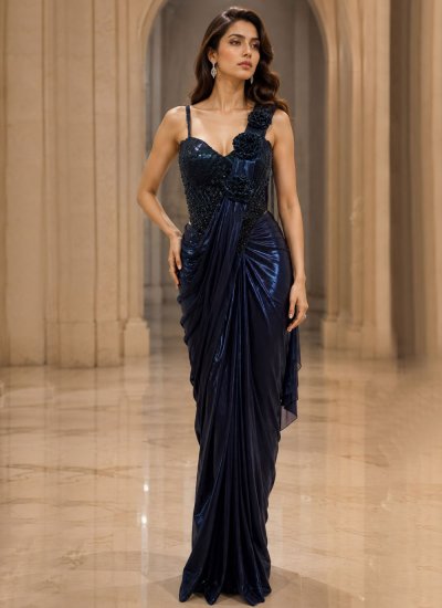 Armani Navy Blue Embroidered Contemporary Saree