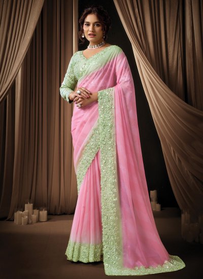 Arresting Green and Pink Engagement Traditional Saree