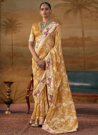 Astonishing Lucknowi work Yellow Handloom silk Saree