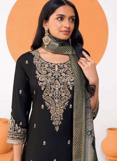 
                            Astounding Silk Embroidered Black Readymade Salwar Kameez