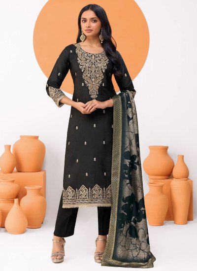 Astounding Silk Embroidered Black Readymade Salwar Kameez