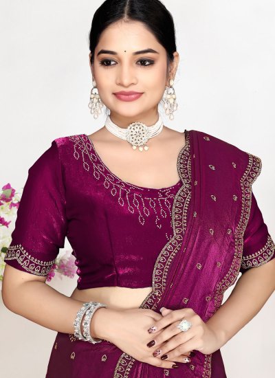 
                            Auspicious Satin Silk Wine Zircon Saree