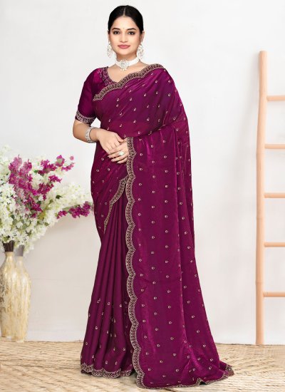 Auspicious Satin Silk Wine Zircon Saree