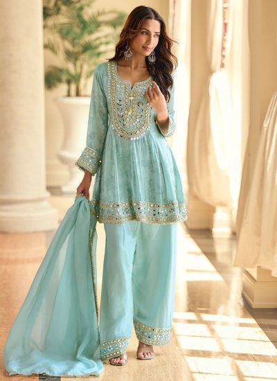 Awesome Aqua Blue Festival Palazzo Salwar Kameez