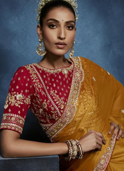 
                            Awesome Orange Khatli Work Fancy Fabric Trendy Saree