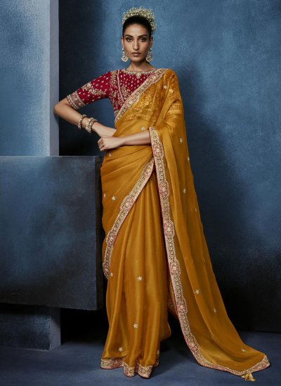Awesome Orange Khatli Work Fancy Fabric Trendy Saree
