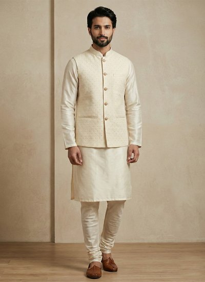 Banarasi Silk Cream Jacquard Work Kurta Payjama With Jacket