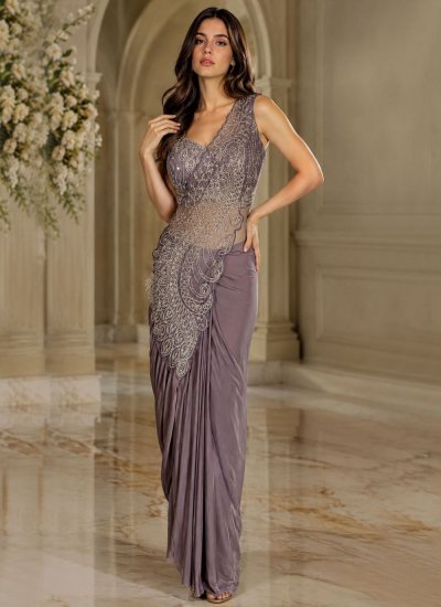Beads Lycra Saree in Purple