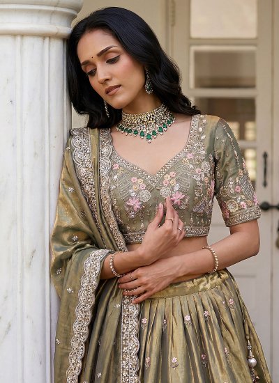 
                            Beads Tissue A Line Lehenga Choli in Green Colour